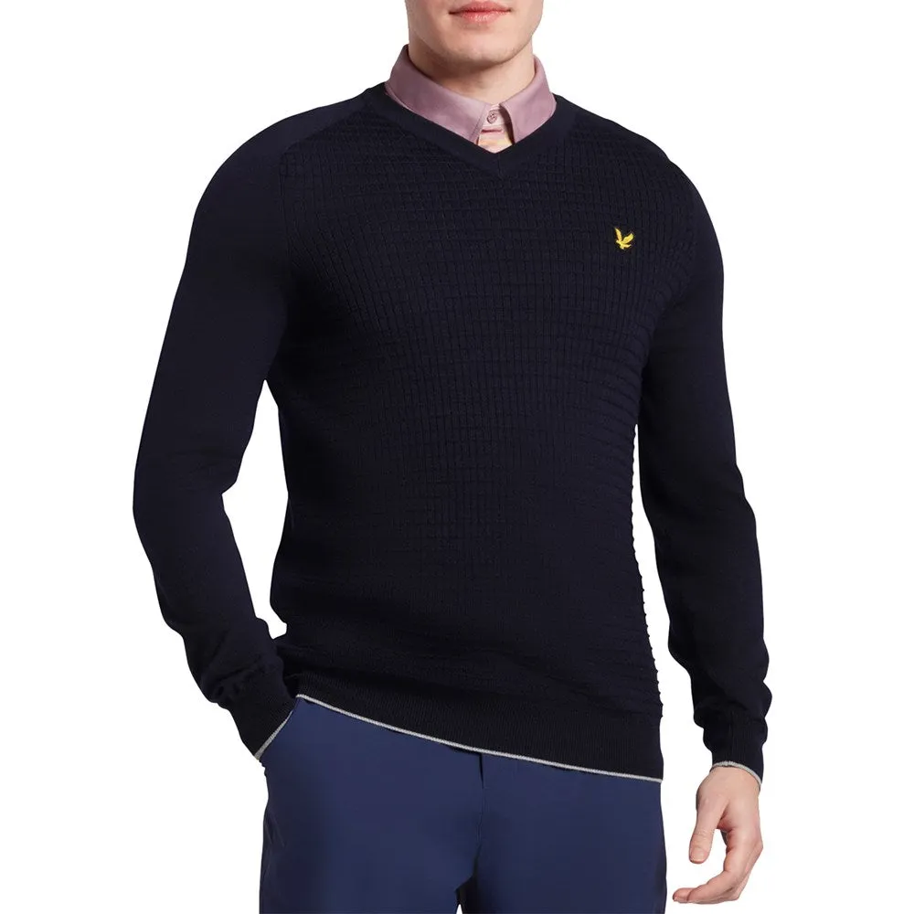 Lyle & Scott Merino Grid Texture V Neck Jumper - Navy