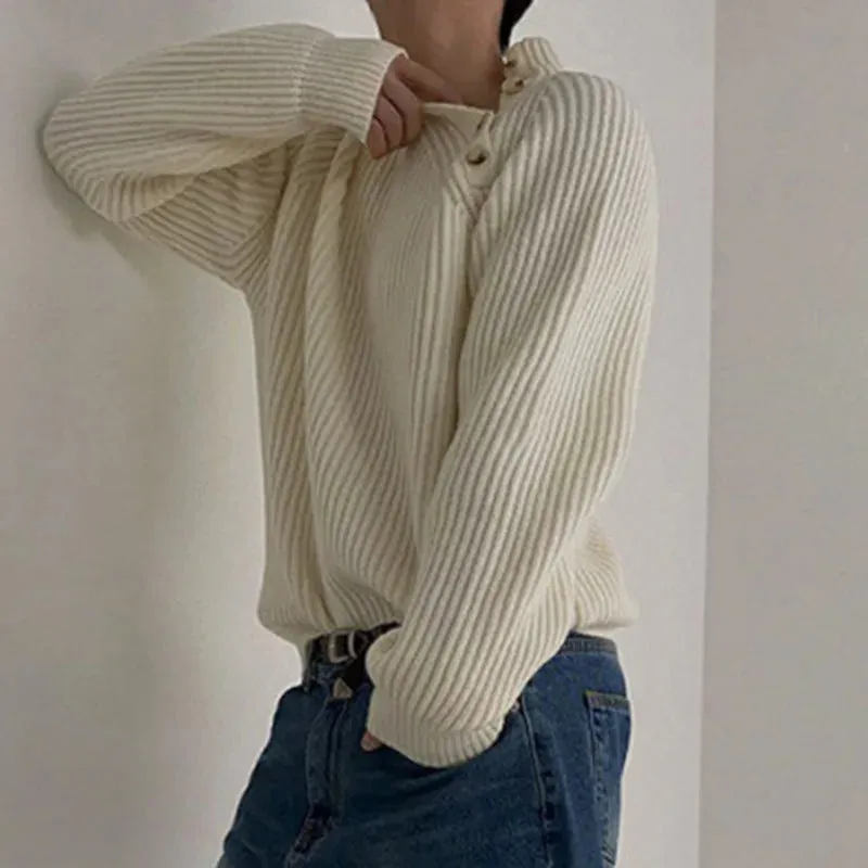 Men Knitwear Niche Design Half High Neck Sweater Autumn Lazy Style Top Coat Korean Style Trendy Pullover Button Tops 9C2381