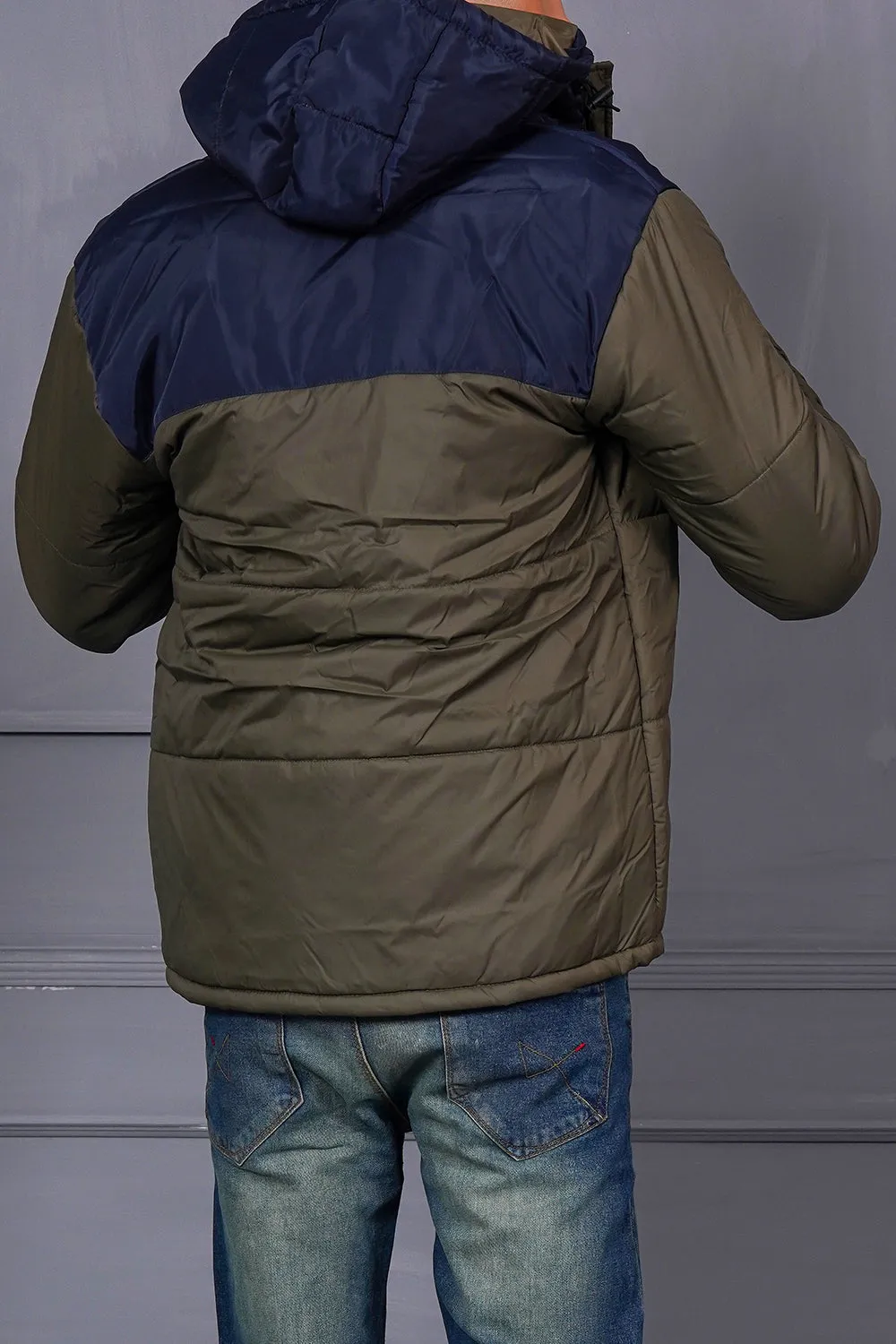 Men Olive Puffer Jacket With Navy Hood