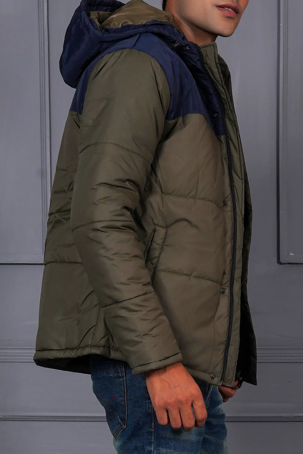 Men Olive Puffer Jacket With Navy Hood