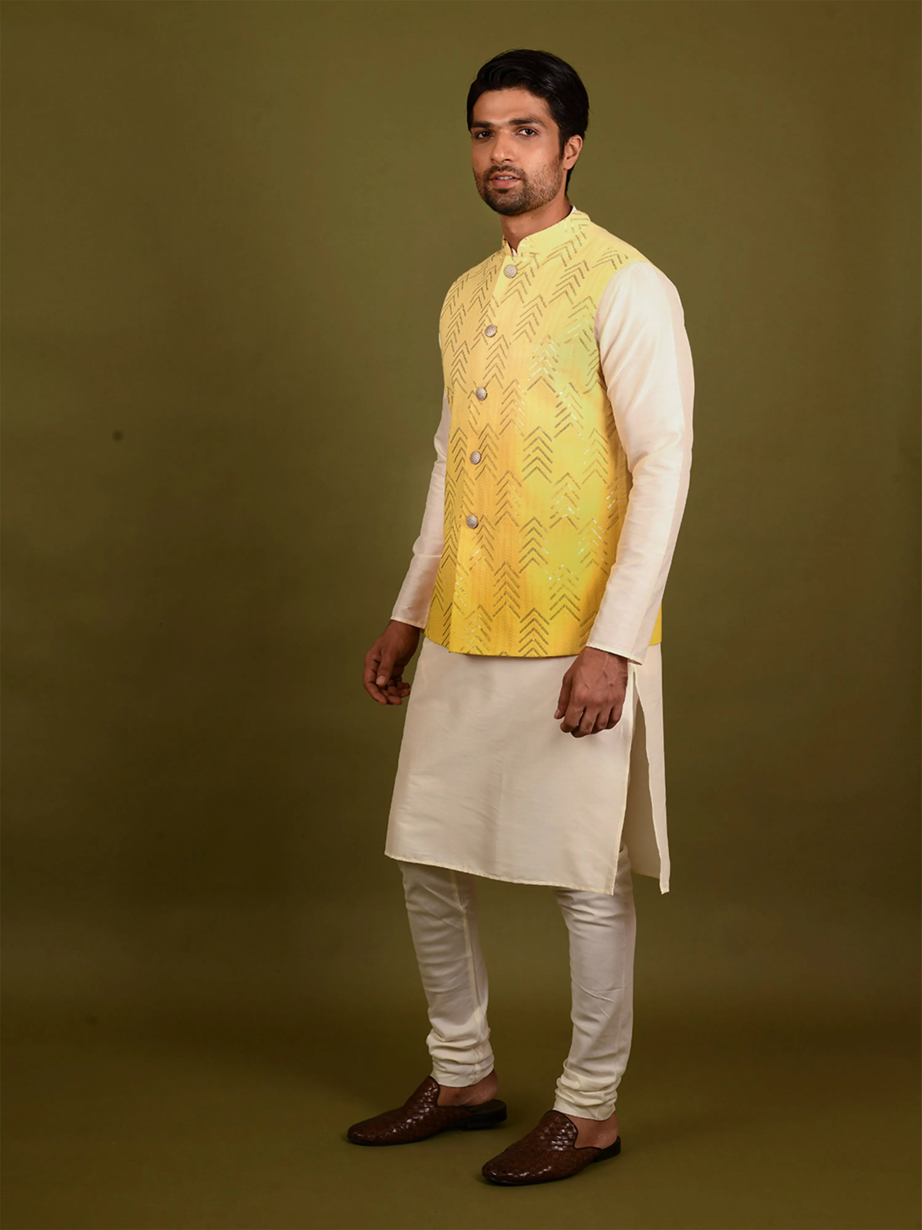 Men Yellow Kurta Jacket Churidar Set