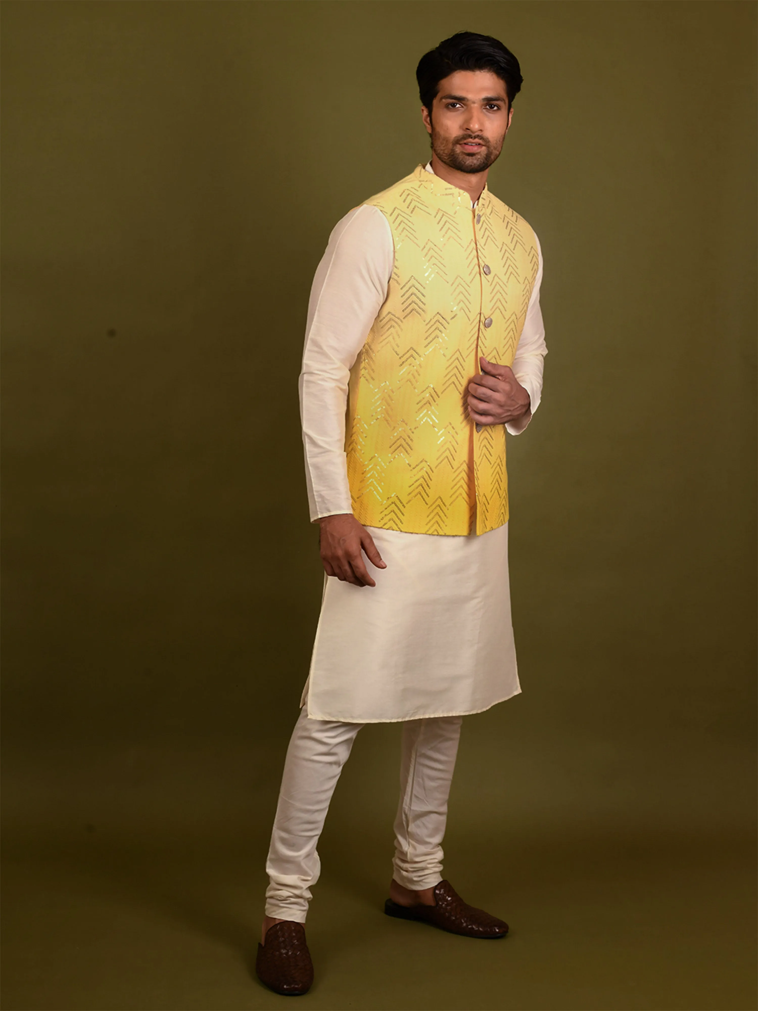 Men Yellow Kurta Jacket Churidar Set