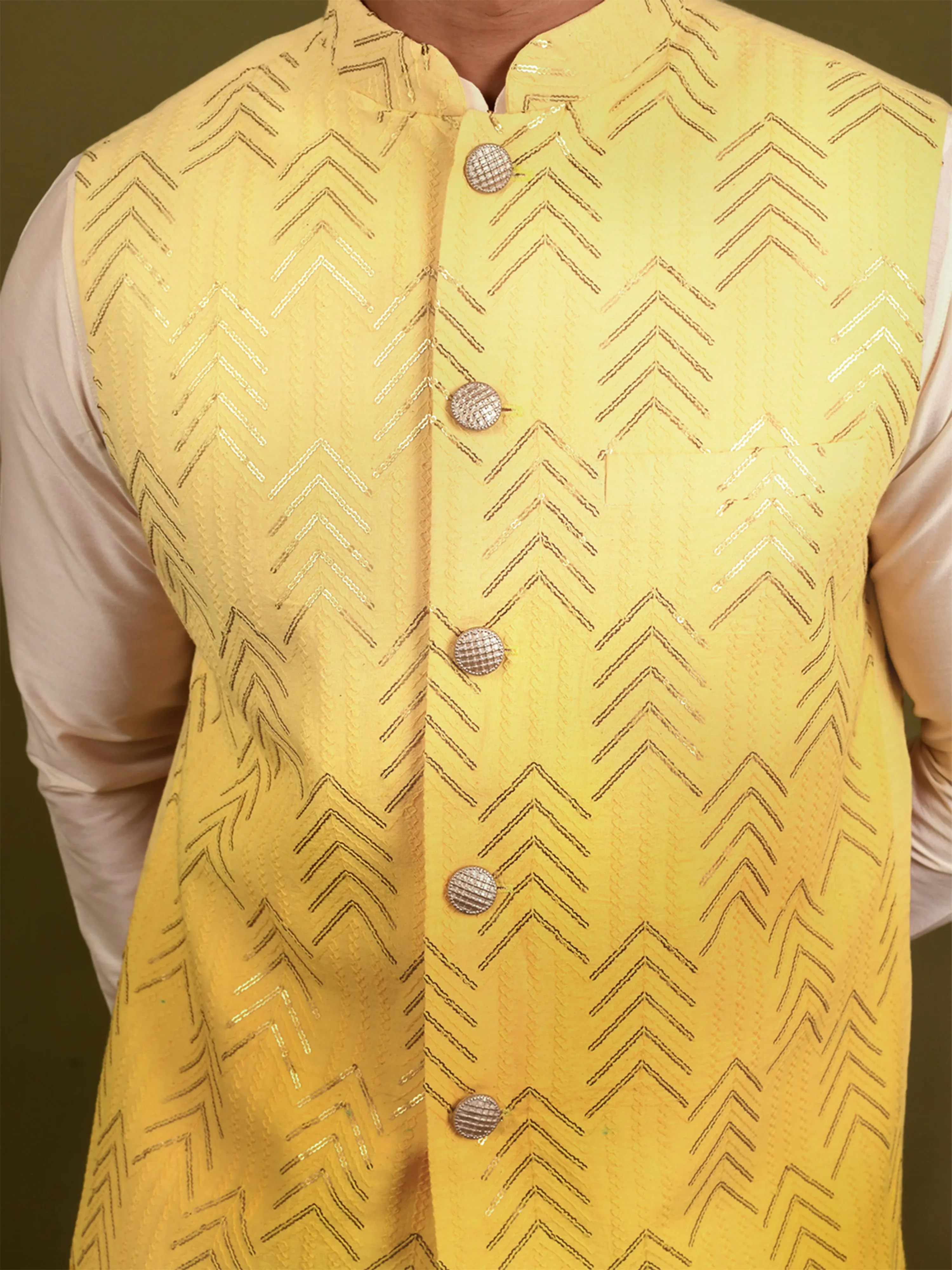 Men Yellow Kurta Jacket Churidar Set