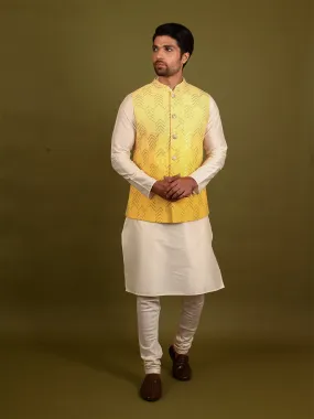 Men Yellow Kurta Jacket Churidar Set