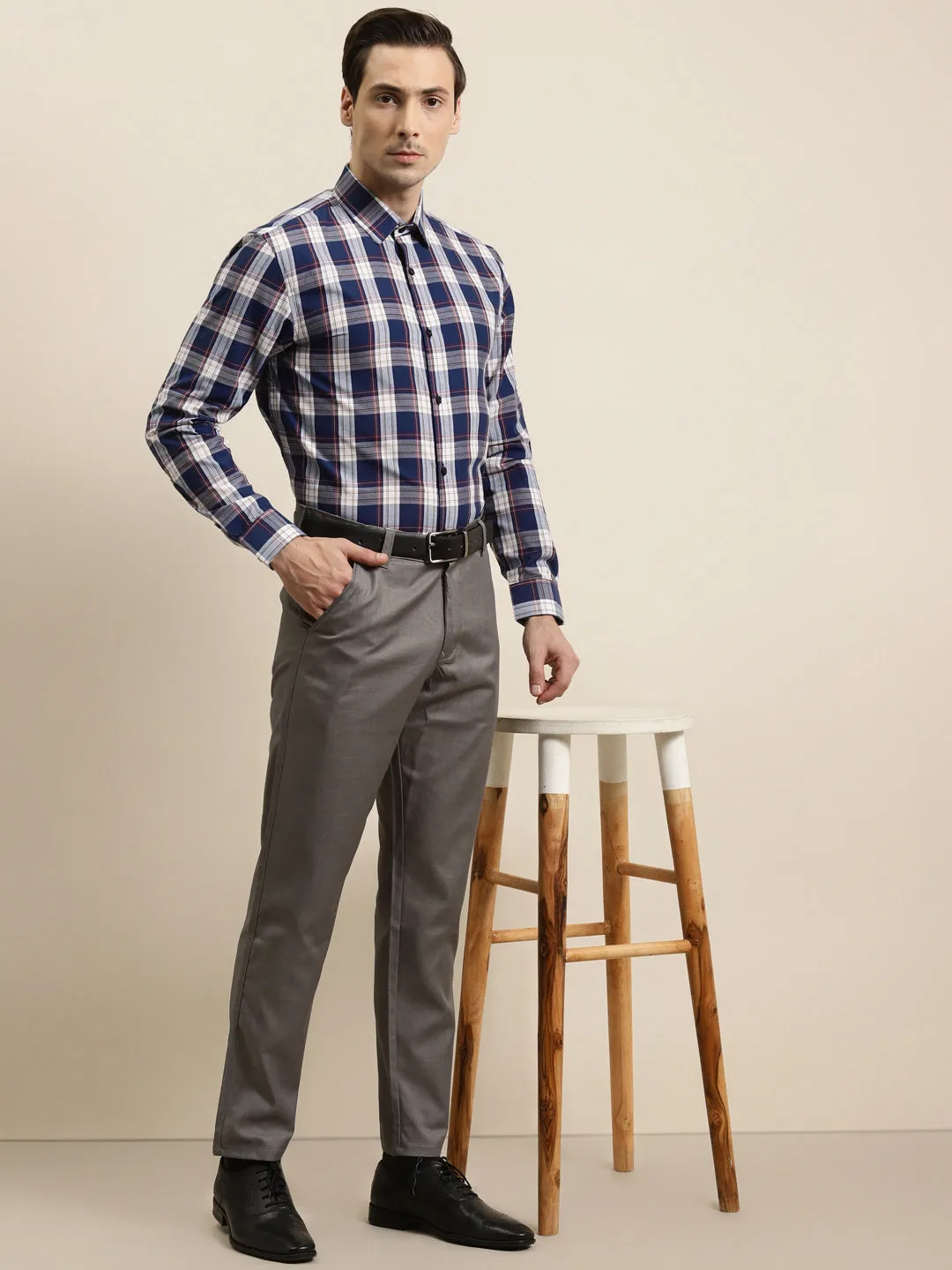 Men's Cotton Navy & White & Formal Shirt - Sojanya