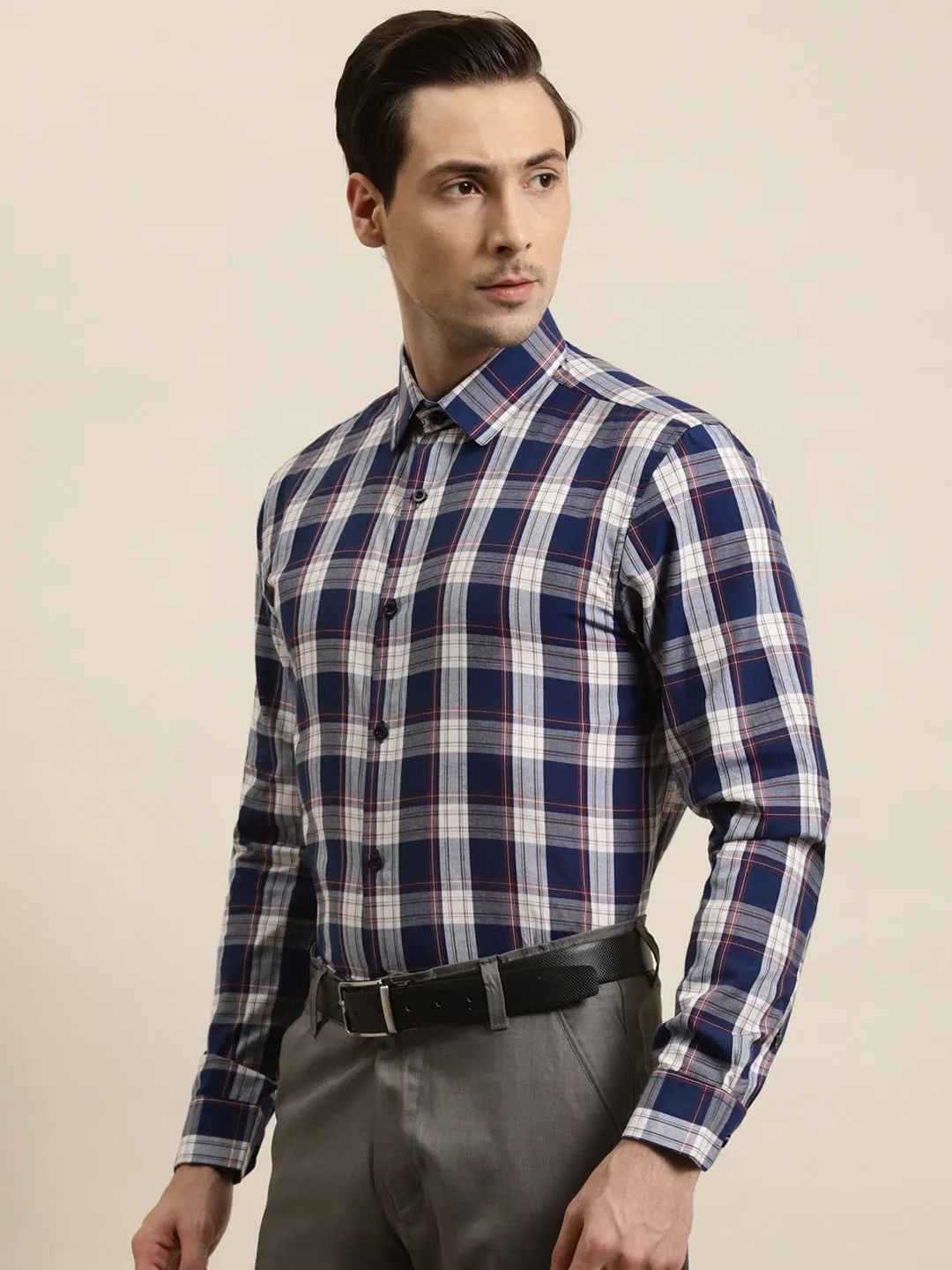 Men's Cotton Navy & White & Formal Shirt - Sojanya