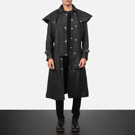 Mens Premium Sheepskin Leather Studded Black Duster Coat