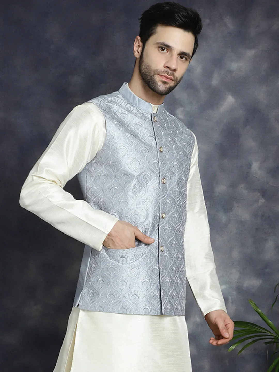 Men'S Sequins And Embroidred Nehru Jacket