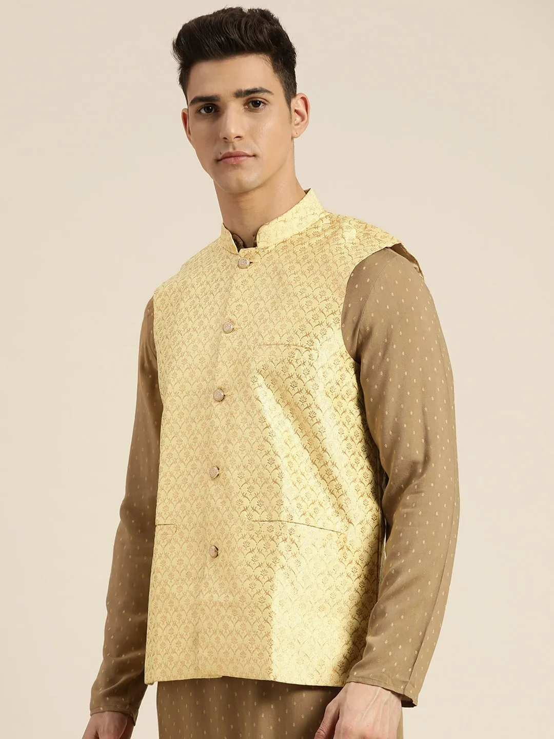 Men's Silk Blend Lime Green & Gold Self Design Only Nehrujacket - Sojanya