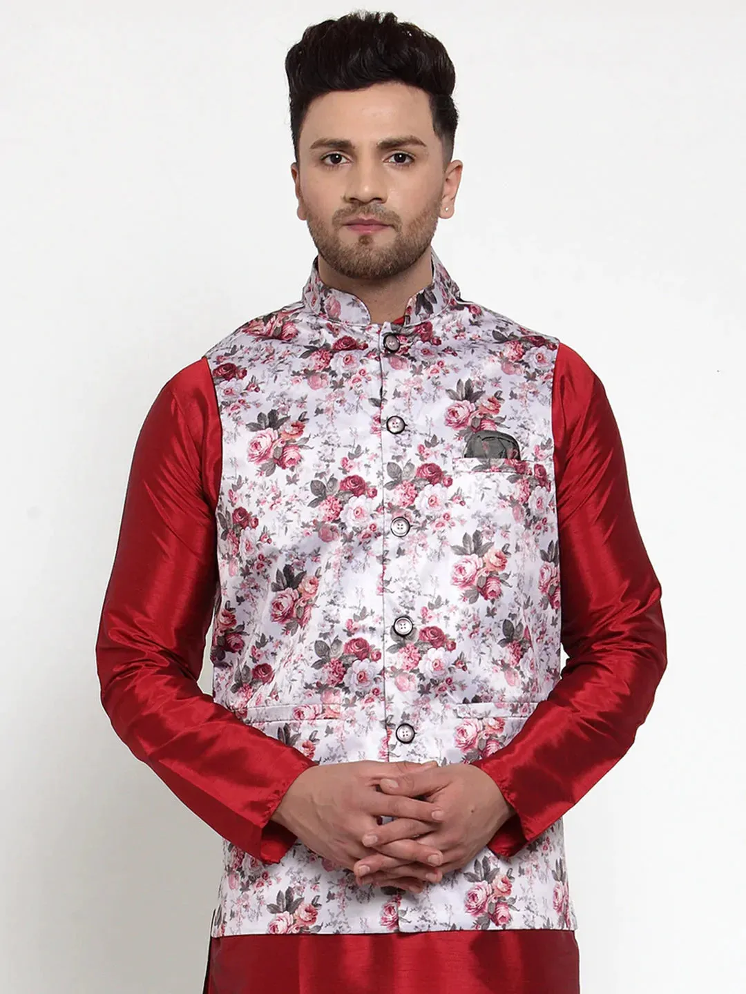 Men'S Silver Printed Nehru Jacket