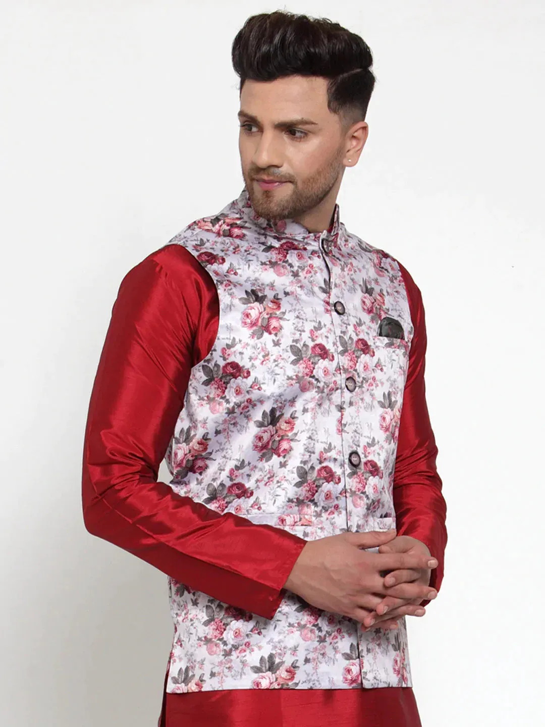 Men'S Silver Printed Nehru Jacket