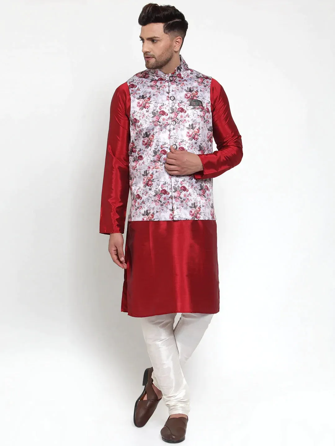 Men'S Silver Printed Nehru Jacket