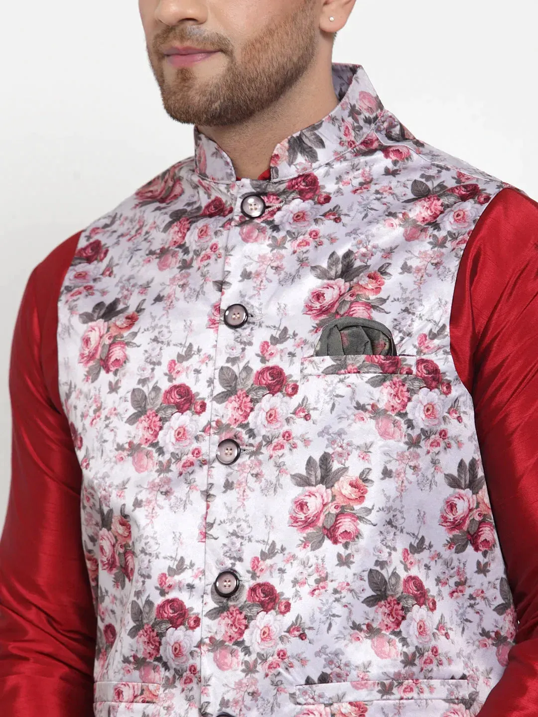 Men'S Silver Printed Nehru Jacket