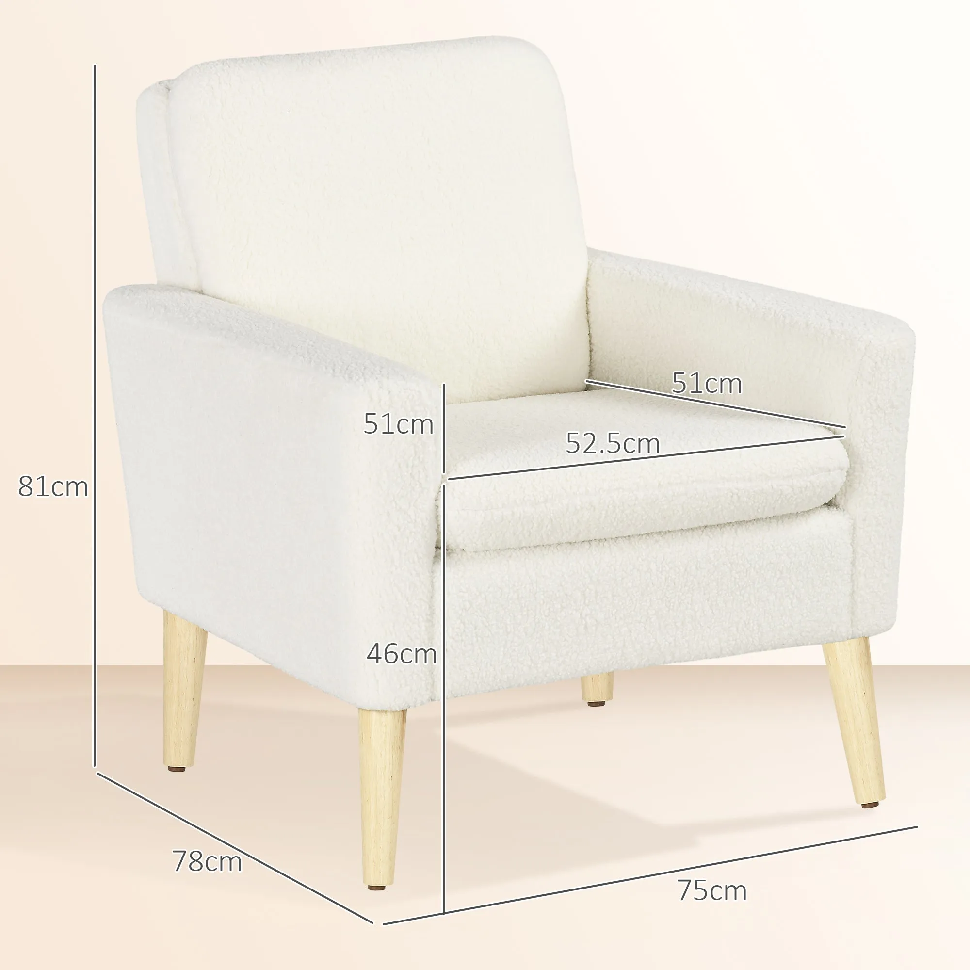 Modern Accent Chair with Wood Legs, Wide Seat, Teddy Armchair, Cream