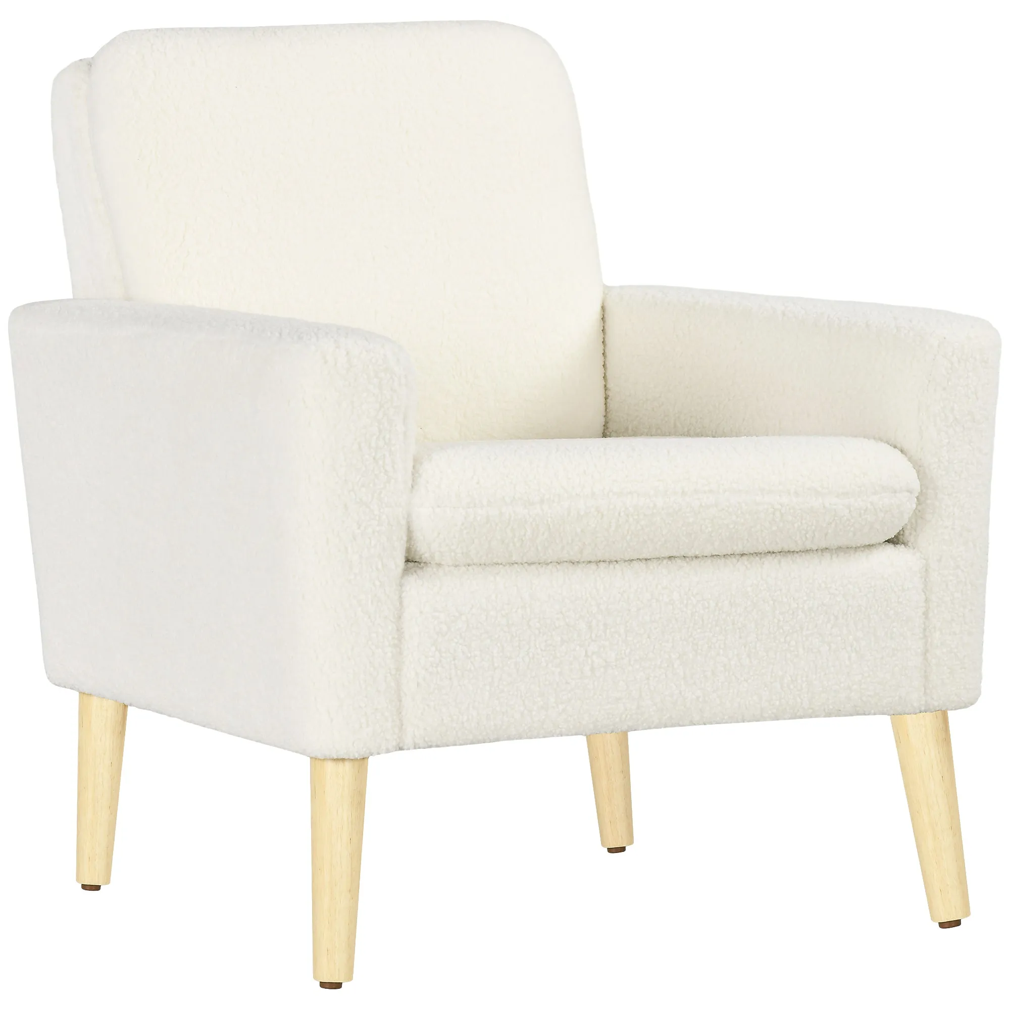 Modern Accent Chair with Wood Legs, Wide Seat, Teddy Armchair, Cream