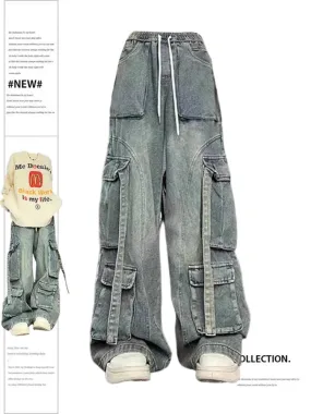 More Than A Pocket Blue Jeans for Women 2024 Vintage Streetwear Loose Straight Cargo Pants Chic Washed High Waist Wide Leg Pants