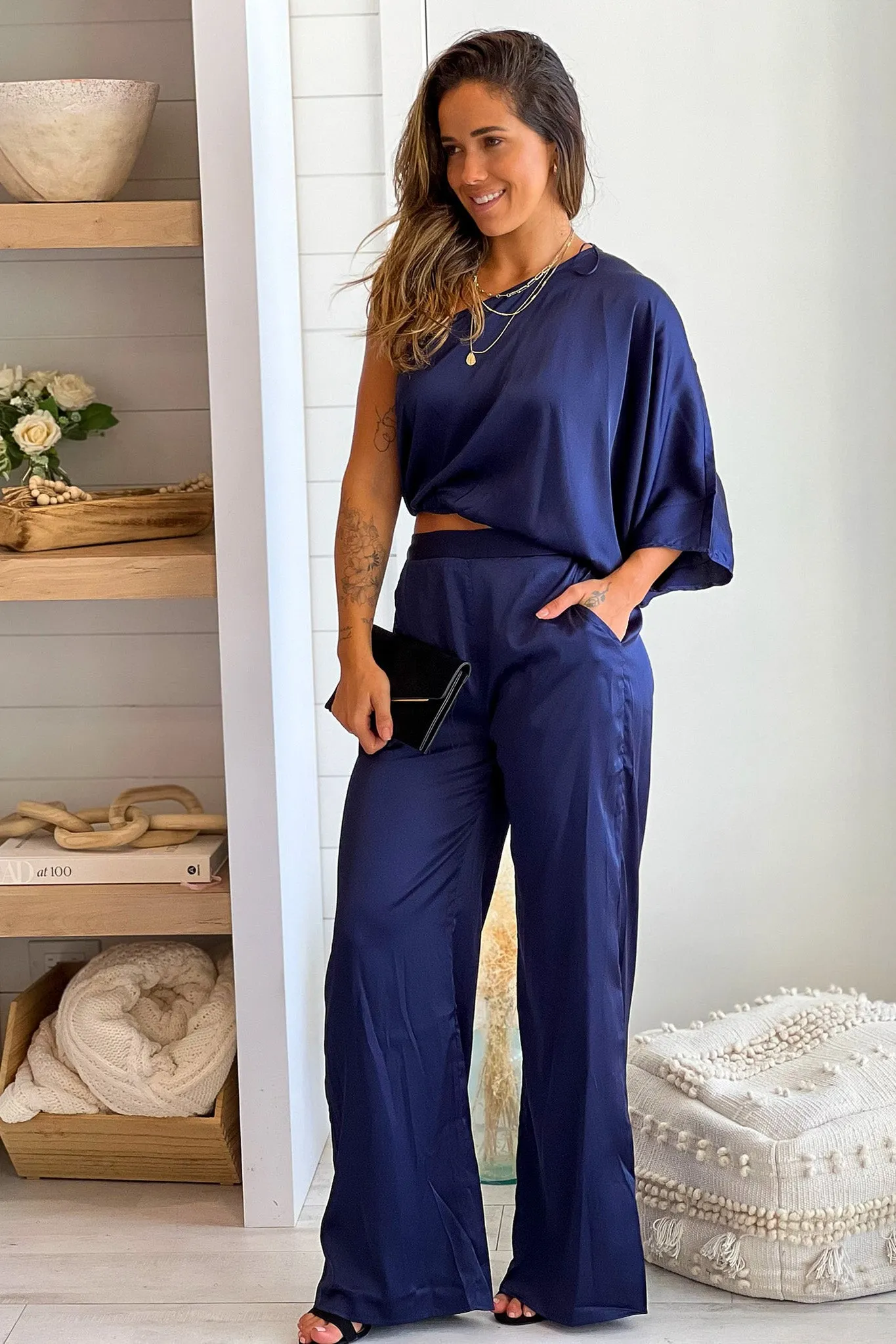 Navy One Shoulder Satin Top And Pants Set