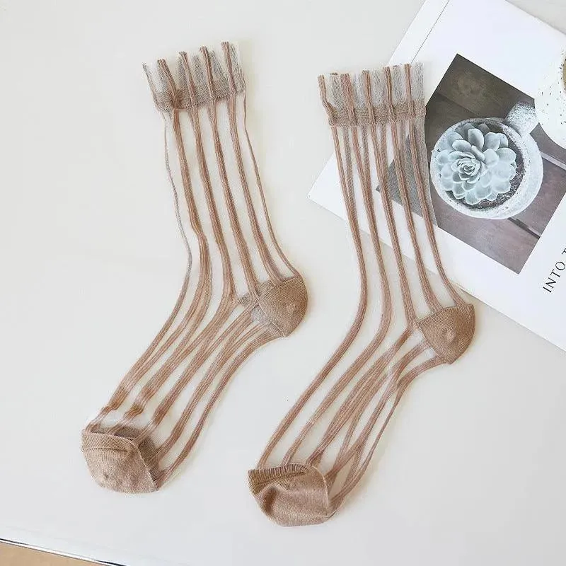 Nylon Sheer Socks with Strips | Unique Socks | Kawaii Socks