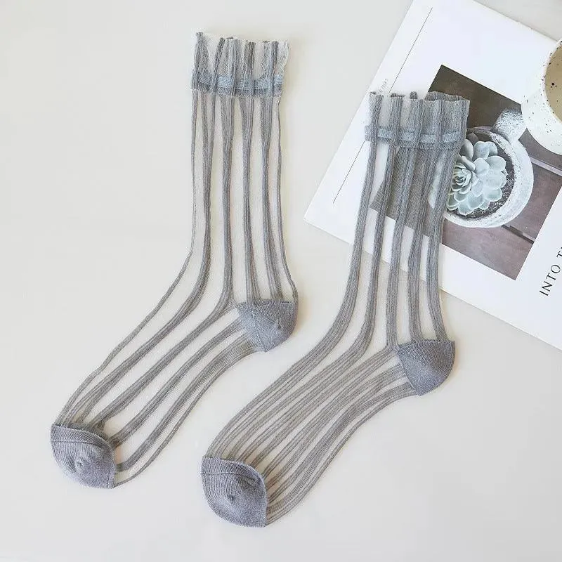 Nylon Sheer Socks with Strips | Unique Socks | Kawaii Socks