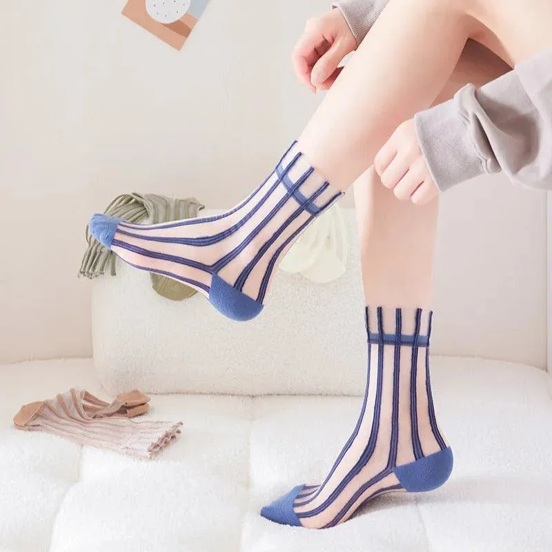 Nylon Sheer Socks with Strips | Unique Socks | Kawaii Socks