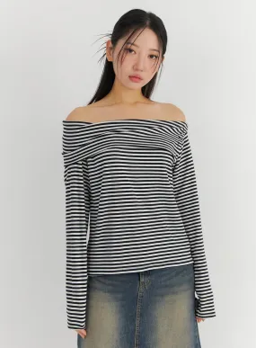 Off-Shoulder Stripe Long Sleeve Top CO324