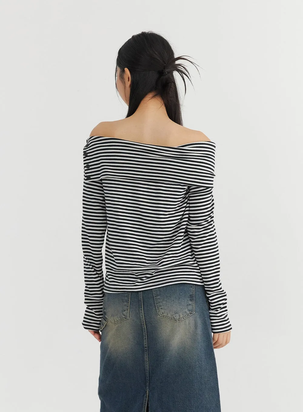 Off-Shoulder Stripe Long Sleeve Top CO324