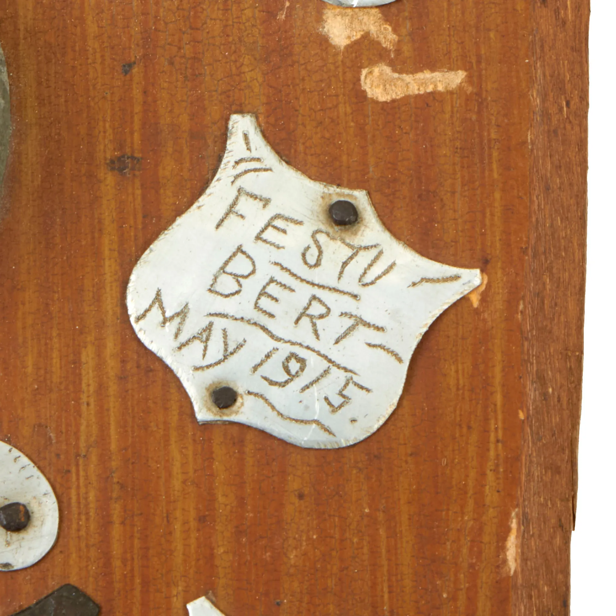 Original British WWI Souvenir Wooden Shield with Battlefield Pickups Sent to Woman's V.A.D. Leader Mrs. Elizabeth Trimble