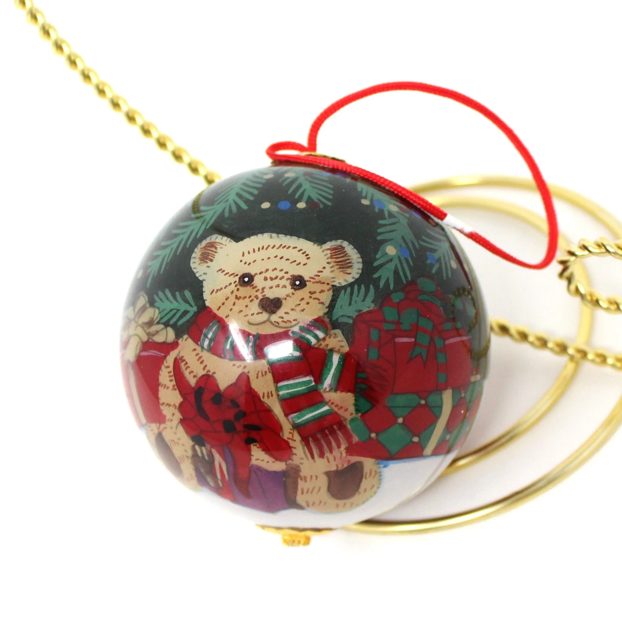 Ornaments, Ganz, Christmas Glass Ball, Teddy Bear with Gifts, 3"