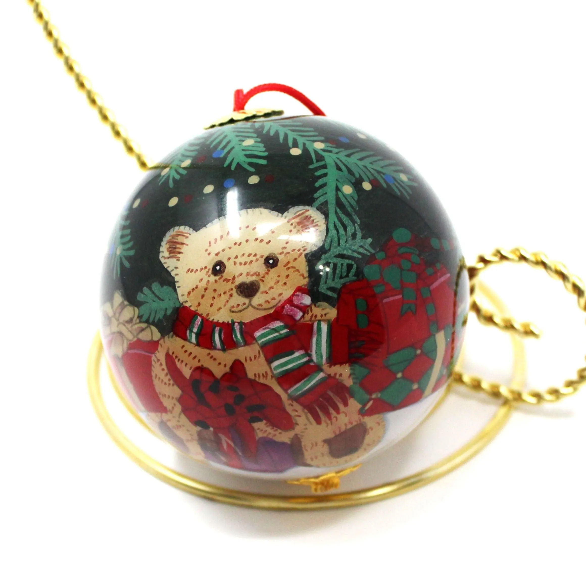 Ornaments, Ganz, Christmas Glass Ball, Teddy Bear with Gifts, 3"