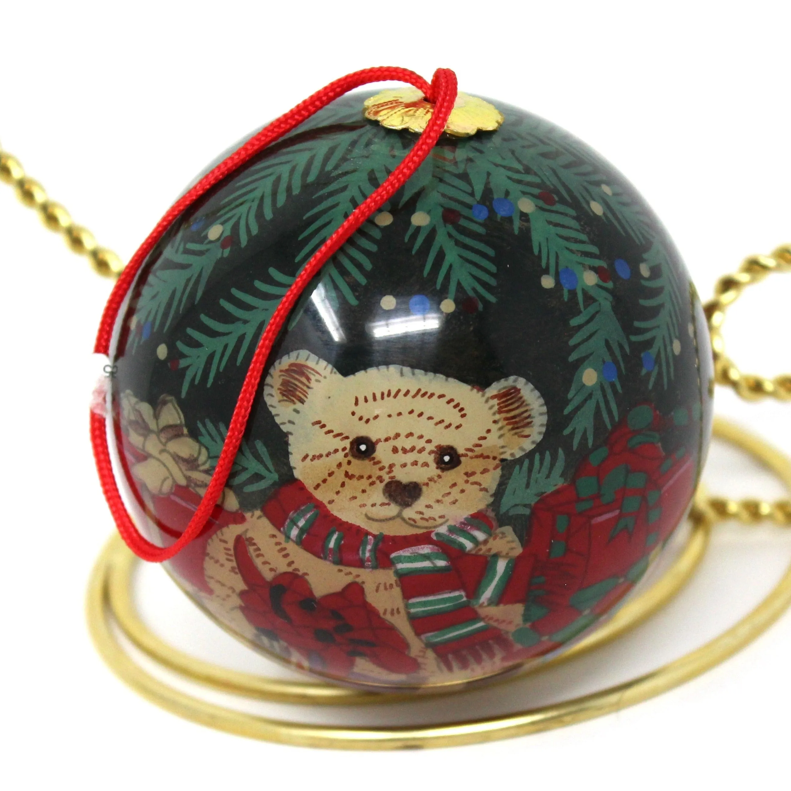 Ornaments, Ganz, Christmas Glass Ball, Teddy Bear with Gifts, 3"