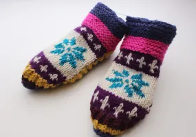 Pink and White Snow Flakes Pattern Multicolor Woolen Indoor Lined Socks