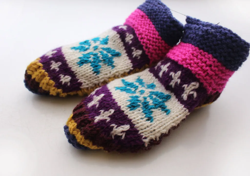 Pink and White Snow Flakes Pattern Multicolor Woolen Indoor Lined Socks