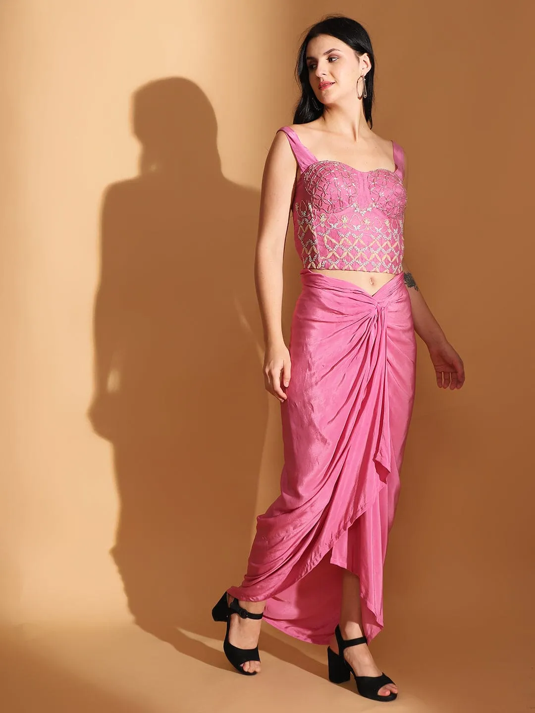 Pink Embroidered Long Cape with Drape Skirt & Corset Top