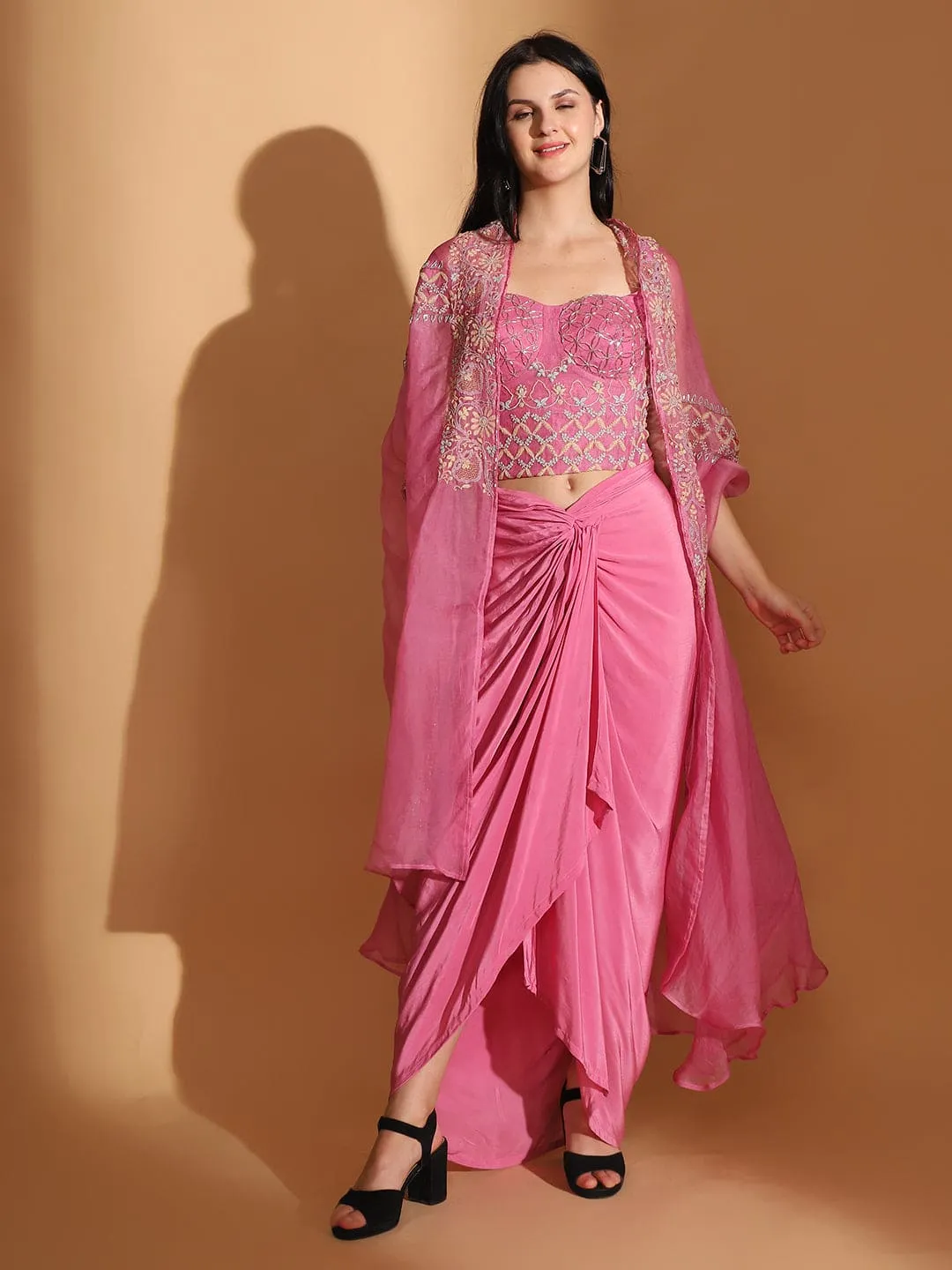 Pink Embroidered Long Cape with Drape Skirt & Corset Top