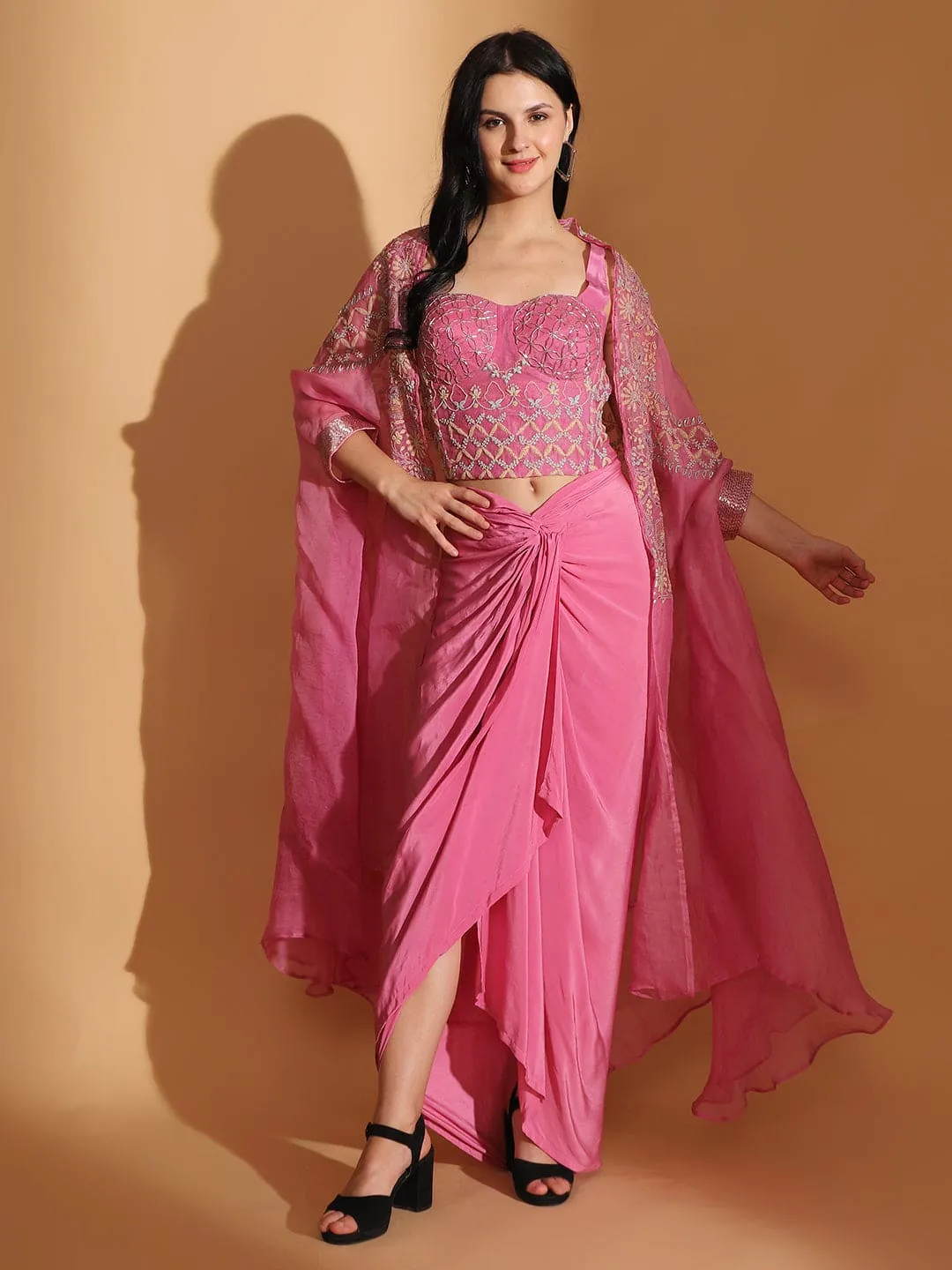 Pink Embroidered Long Cape with Drape Skirt & Corset Top