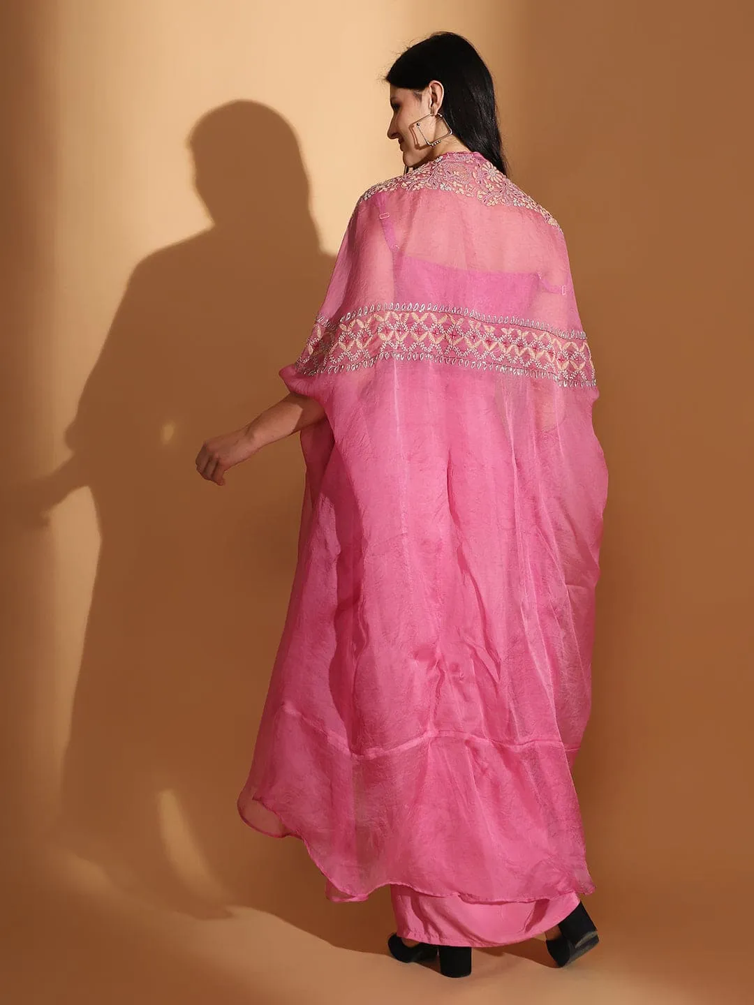 Pink Embroidered Long Cape with Drape Skirt & Corset Top