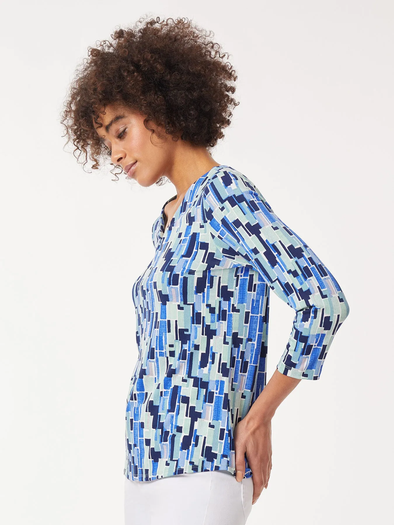 Printed Keyhole Neckline Moss Crepe Top