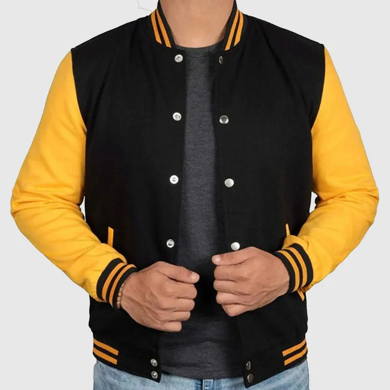 Purchase Best Sale Black and Yellow Varsity Jacket For Mens