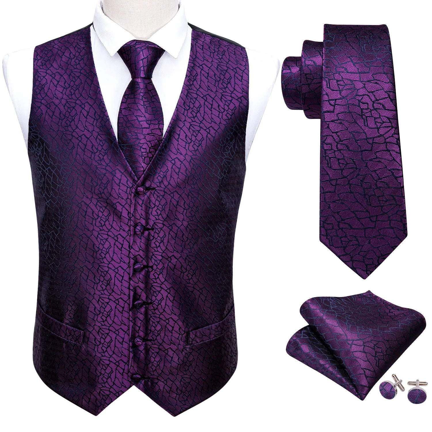 Purple Black Plaid Jacquard Silk Men's Vest Hanky Cufflinks Tie Set