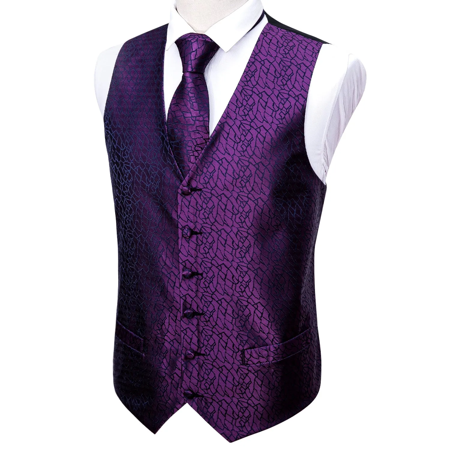 Purple Black Plaid Jacquard Silk Men's Vest Hanky Cufflinks Tie Set