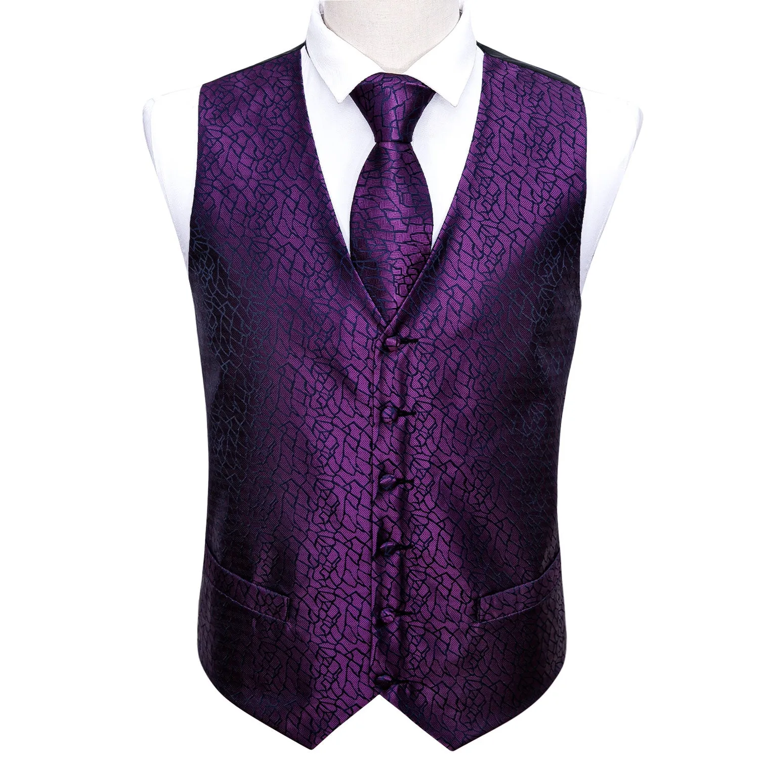 Purple Black Plaid Jacquard Silk Men's Vest Hanky Cufflinks Tie Set