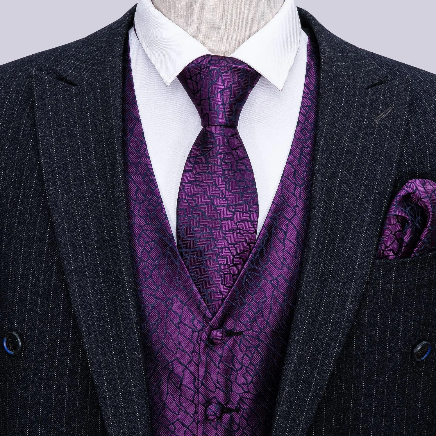 Purple Black Plaid Jacquard Silk Men's Vest Hanky Cufflinks Tie Set