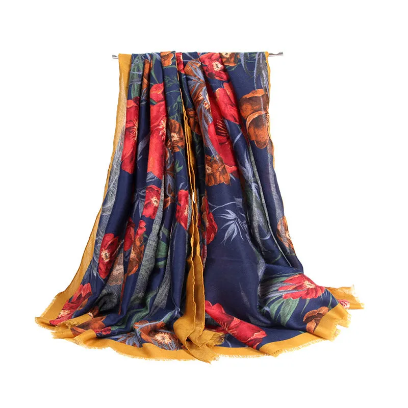 Rectangular edge large flower print ladies scarf fashion all-match trend turban shawl