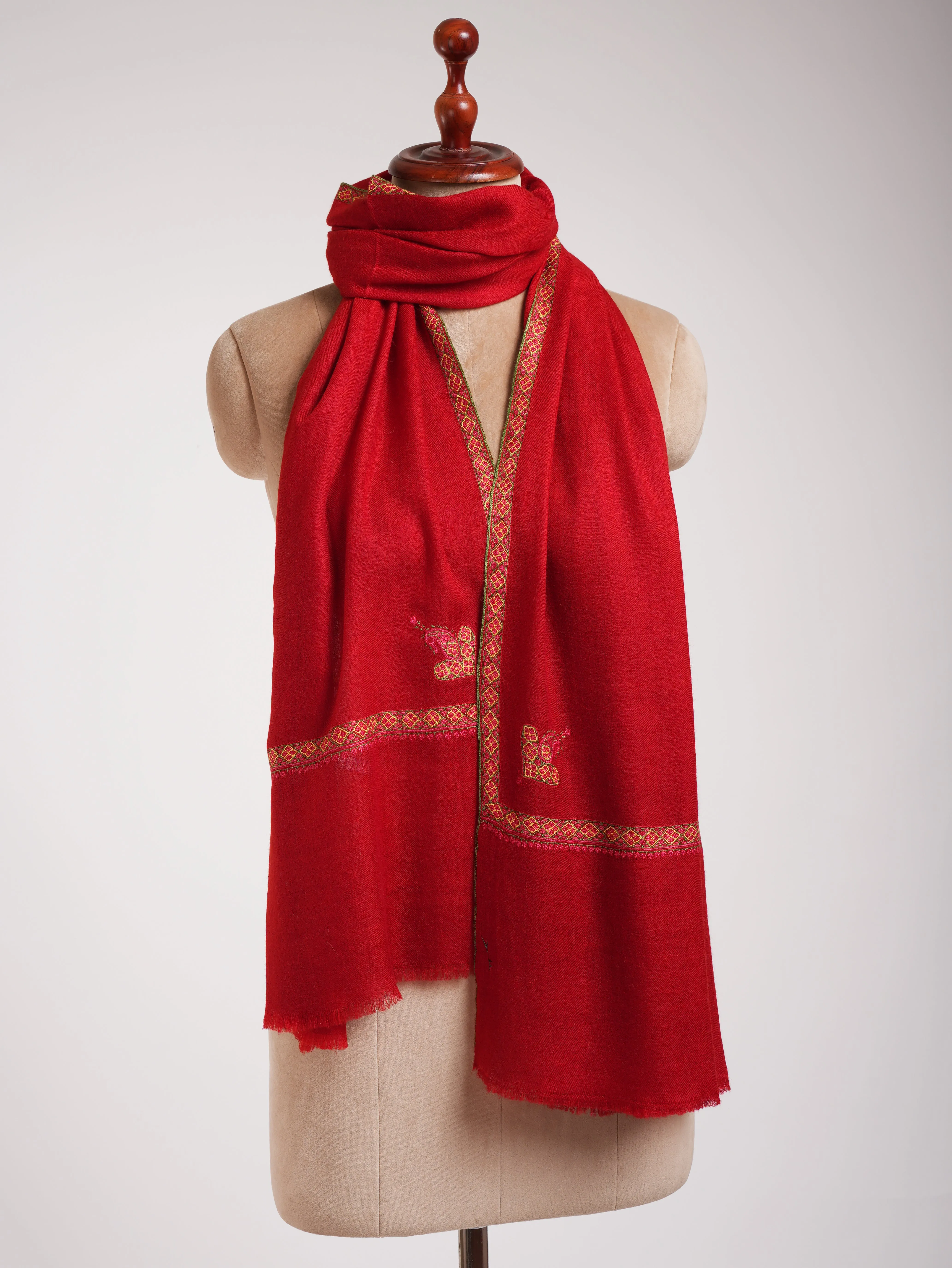 Red Hashia Embroidered Pretty Cashmere Scarf