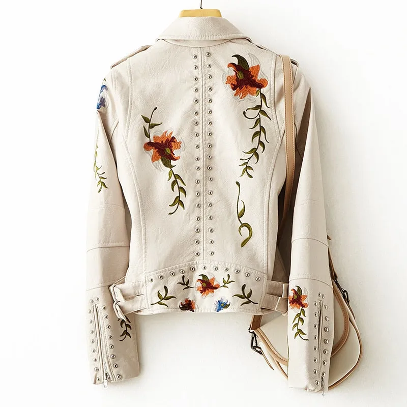 Retro Floral Embroidered Leather Jacket