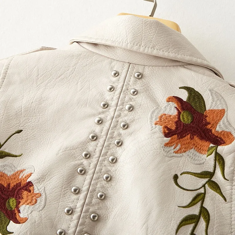 Retro Floral Embroidered Leather Jacket