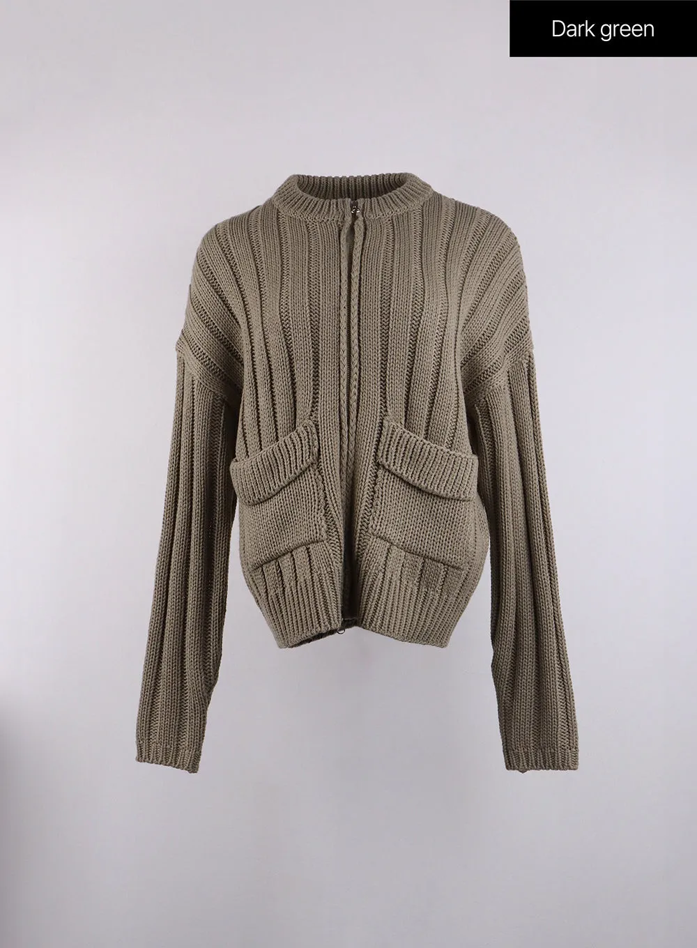 Ribbed Pocket Zip Up Knit Sweater CJ422