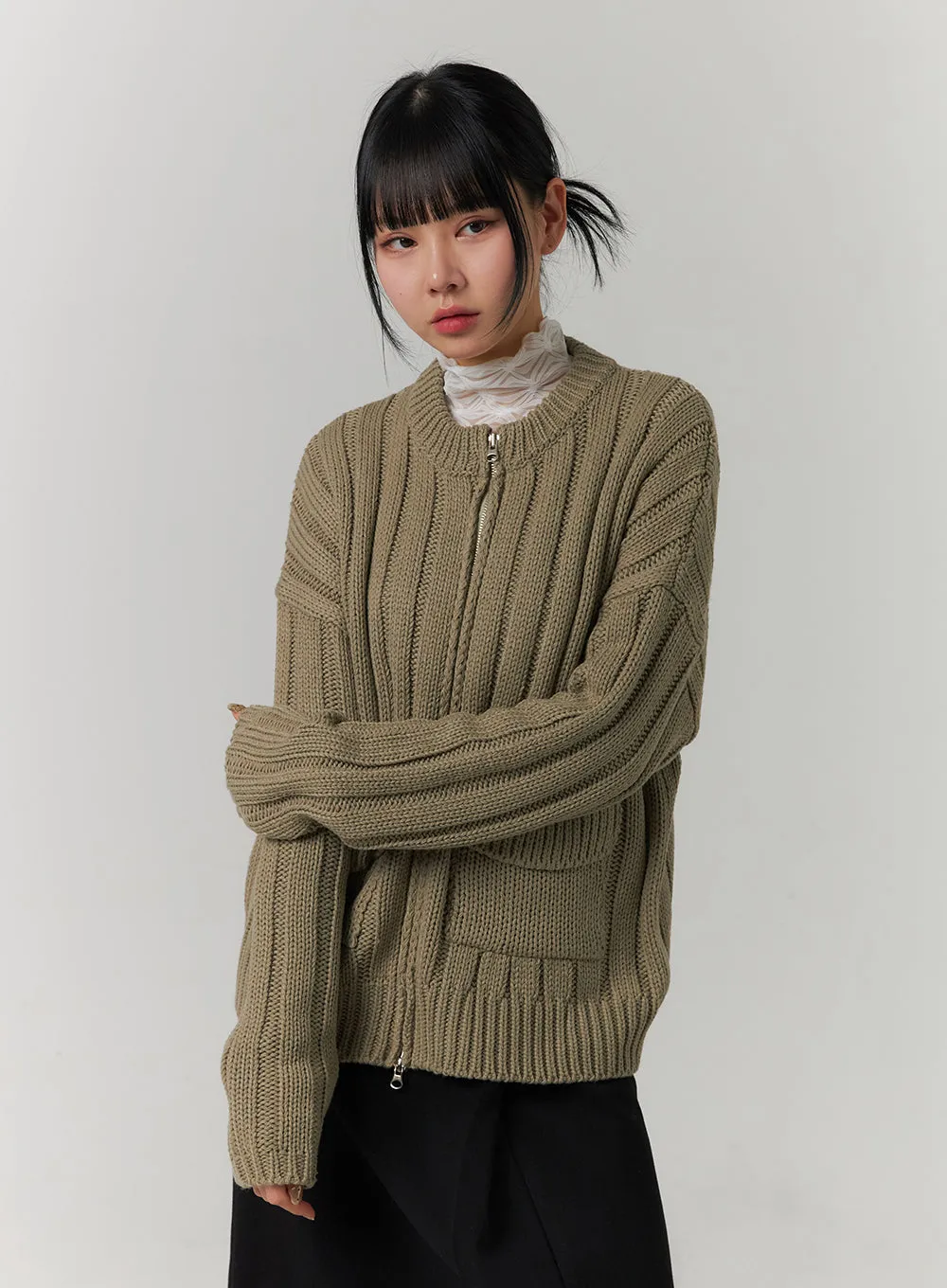 Ribbed Pocket Zip Up Knit Sweater CJ422