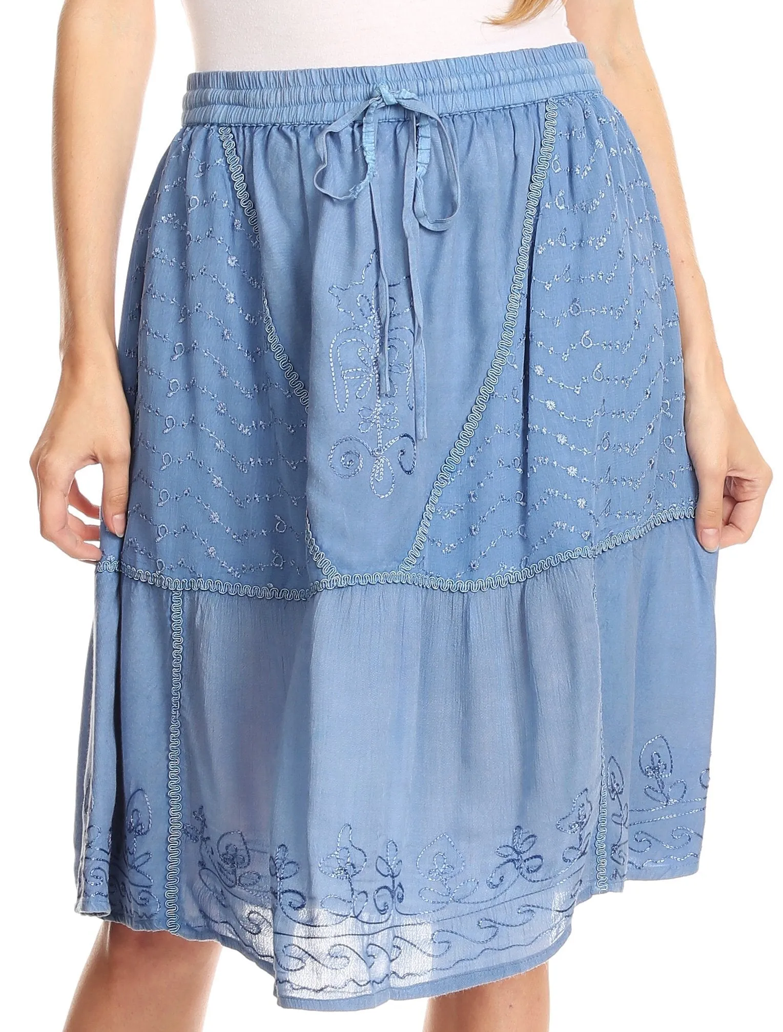 Sakkas Beyza  Casual Peasant Mid Skirt with Elastic Waist Embroidery and Eyelet