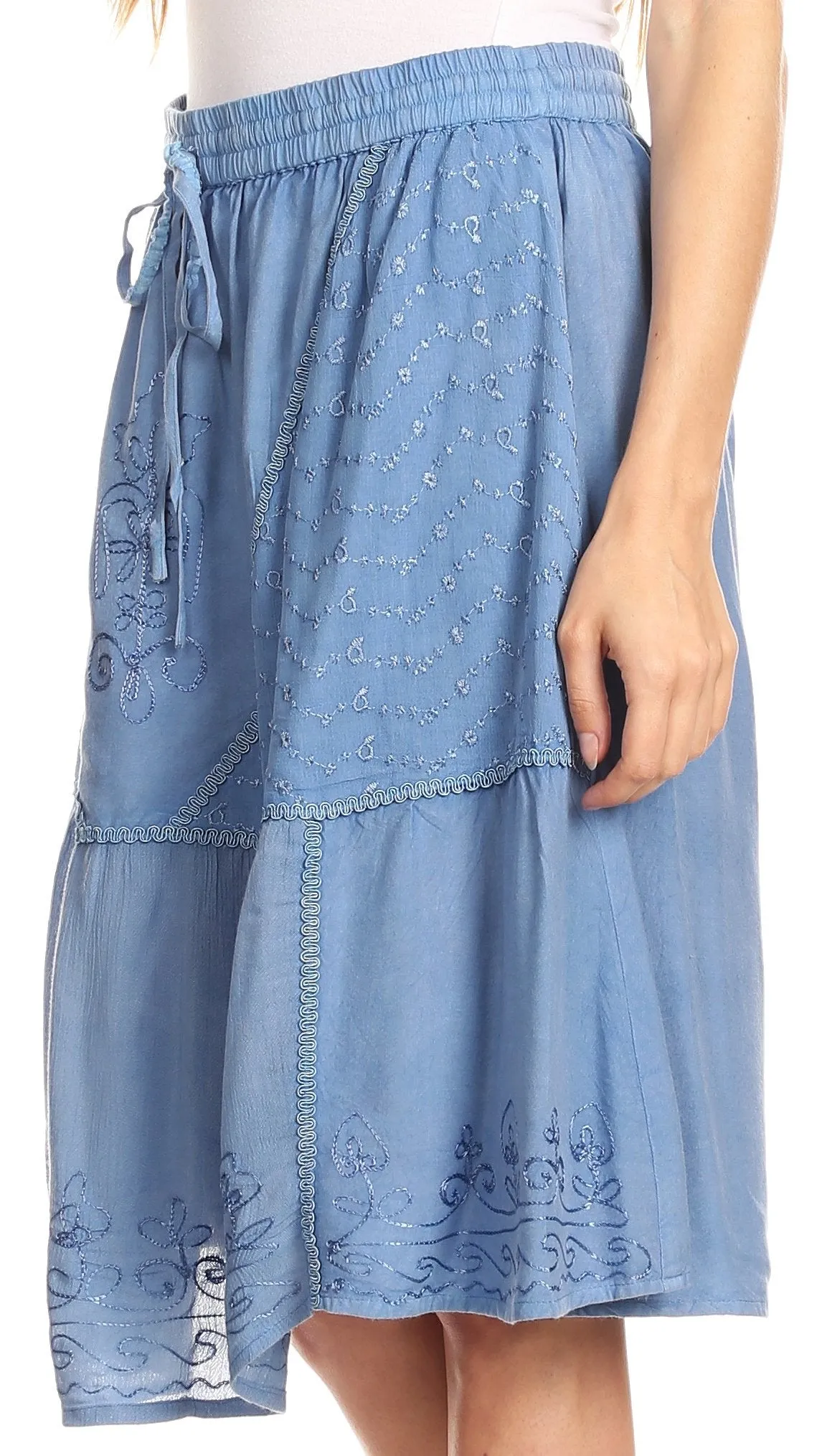 Sakkas Beyza  Casual Peasant Mid Skirt with Elastic Waist Embroidery and Eyelet